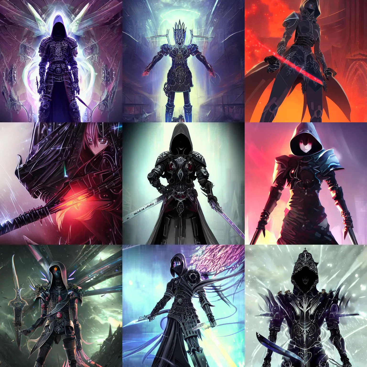 Prompt: Powerful intricate cybernetic dark hooded assassin sword fighting the warrior god of chaos, beautiful high quality realistic anime CGI from Makoto Shinkai, fantasy, detailed, iridescent, technological, gothic influence, royal, colorful, epic, explosions of power, precious gems, smoke, thunderous battle, fluorescent colors, ornate crystal crown hood, epic, futuristic, intricate, dark, sparkling, background megastructure, water, smooth anime CG art, iridescent, fluorescent colors, rainbow aura crystals, animation, in the style of Makoto Shinkai