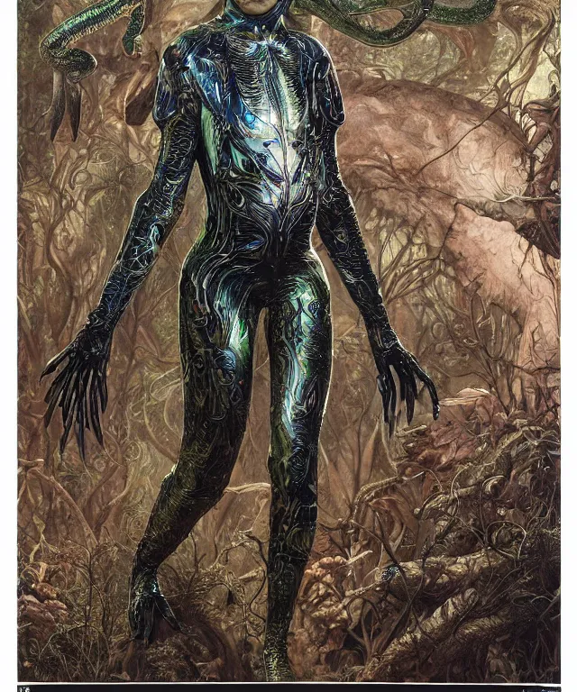 Prompt: a portrait photograph of sadie sink as a strong alien harpy queen with amphibian skin. she is dressed in a transparant shiny metal slimy organic membrane catsuit and transforming into a snake antilope. by donato giancola, walton ford, ernst haeckel, peter mohrbacher, hr giger. 8 k, cgsociety, fashion editorial