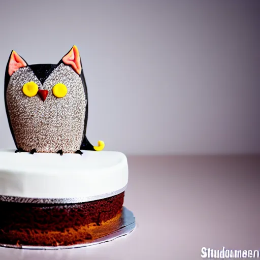 Image similar to photo of a cake, cat decoration, owl decoration, studio lighting, sharp focus