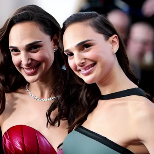 Prompt: Gal Gadot taking a picture with Natalie Portman