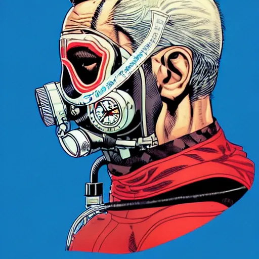 Prompt: a profile photo of an old man with a diving oxygen mask with side profile blood in ocean intricate details by MARVEL comics and Sandra Chevrier-C