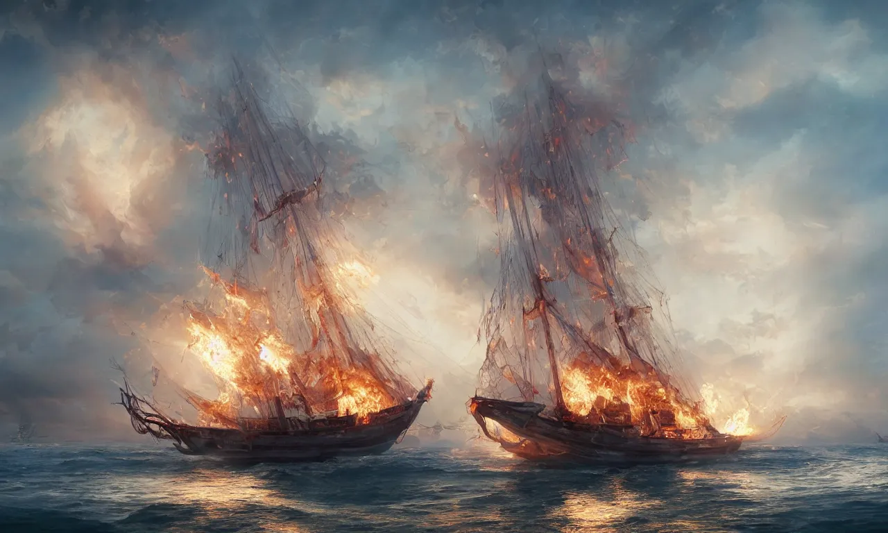 Image similar to a beautiful digital painting of a white caravel on fire flying in the clouds, firestorm of embers in the sunlight, rain of flames numerous burning ropes and intricated sails, blue sky at sunset, elegant, highly detailed, artstation, concept art, matte, sharp focus, art by tom bagshaw, kelogsloops and greg rutkowski