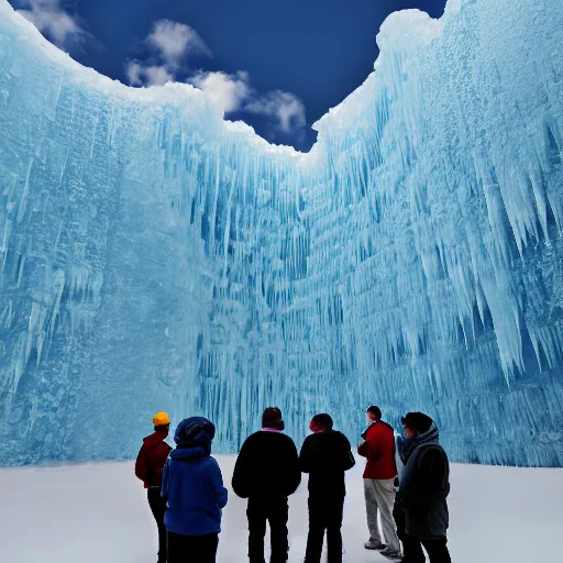 Prompt: a mammouth frozzen in a giant wall of ice perfectly intact with a group of scientists looking at it