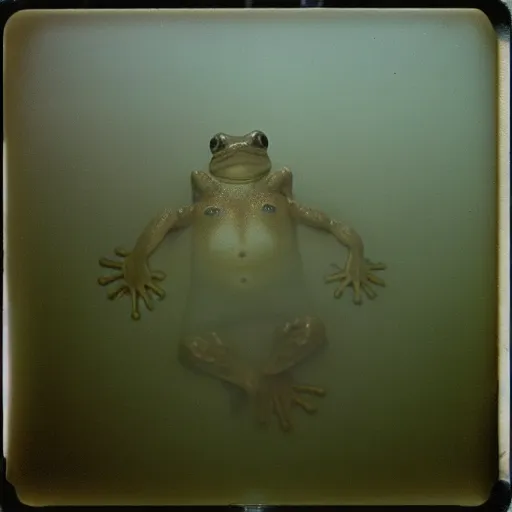 Prompt: semitranslucent smiling frog amphibian floating over misty lake in Jesus Christ pose, polaroid shot by Andrei Tarkovsky, paranormal, spiritual, mystical