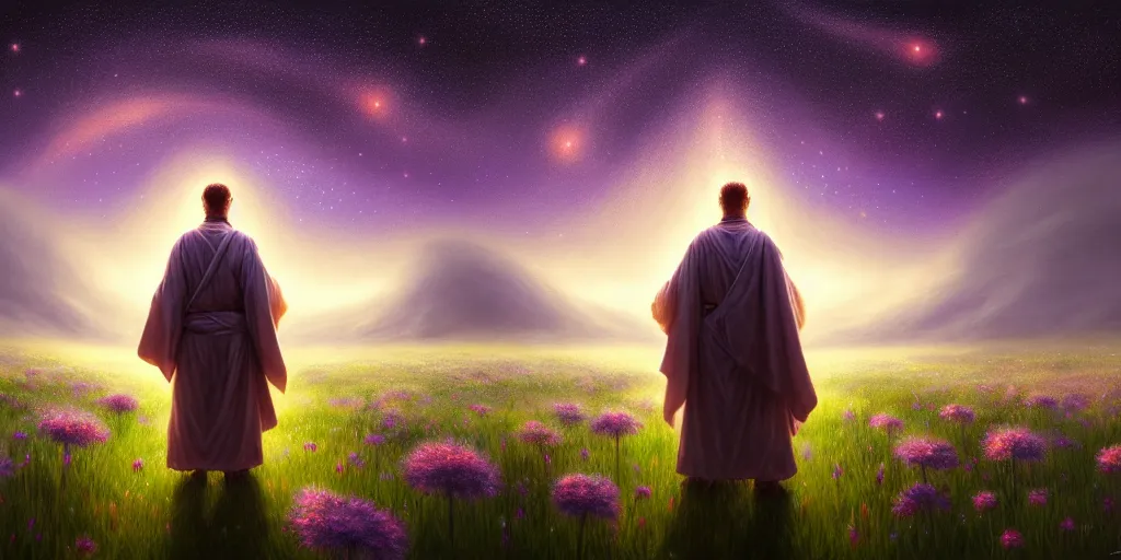 Prompt: ( hyperrealistic portrait of a war cleric in robes full of runes walks through the flower meadow, the flower meadow is decorated with a starry sky ) by noah bradley, photorealistic, dynamic lighting, beautiful, trending on artstation, wallpaper, dream, 4 k, award winning, lovely pastel colors, ethereal, elegant