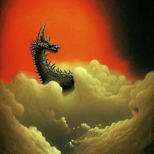 Prompt: A dragon emerging from a cloud of smoke, its eyes glowing red. By zdzisław beksiński