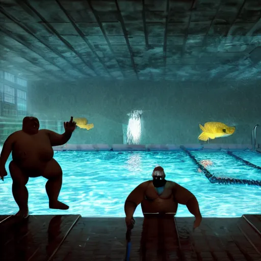 Image similar to photo, ugly old fat man and his strong handsome 5 3 8 2 8 friend hunting monsters inside a swimming pool, highly detailed, scary, volumetric lighting