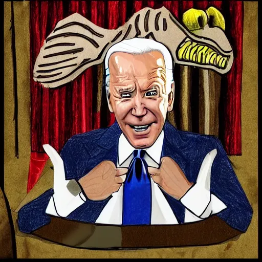 Image similar to drawing, Joe Biden dressed as a dinosaur, open-faced drawing, Joe Biden dressed as a dinosaur, open-faced