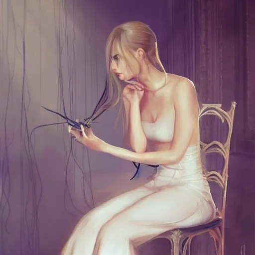 Image similar to a beautiful woman tied to a chair with spaghetti, painting by Charlie Bowater and artgerm