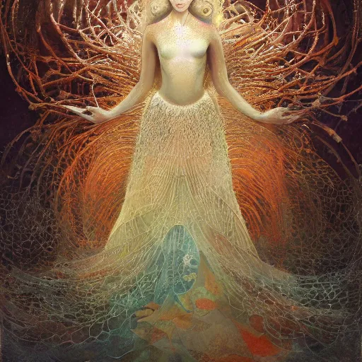 Prompt: Oil painting of sea queen wearing a detailed dress, the dress is made of shells and seaweed and coral, sorcerer, underwater, D&D, Magic The Gathering, by Craig Mullins, intricate details, light rays from the surface, Nekro, Victo Ngai, centered, symmetrical, volumetric lighting