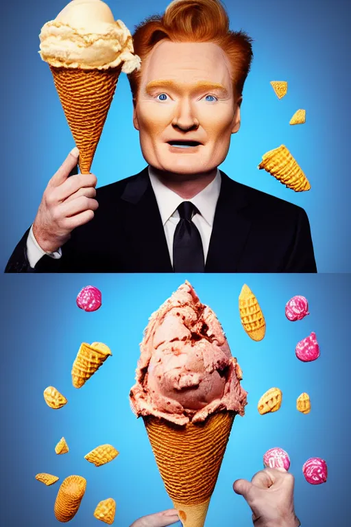 Prompt: 📷 conan o'brien the ice - cream cone 🍦, made of food, portrait still image, dynamic lighting, 4 k