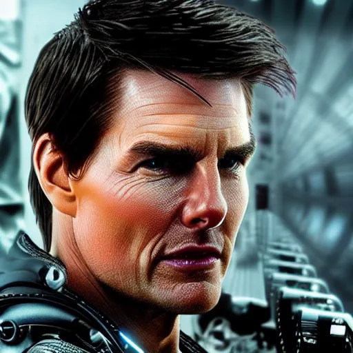 Image similar to tom cruise as a cyborg in cyperpunk 2 0 7 7, unmasked, movie still, cinematic, photorealistic, extreme detail, facial features, sharp focus, 8 k, rain, close up, anamorphic lens, lighting, dark, dystopia