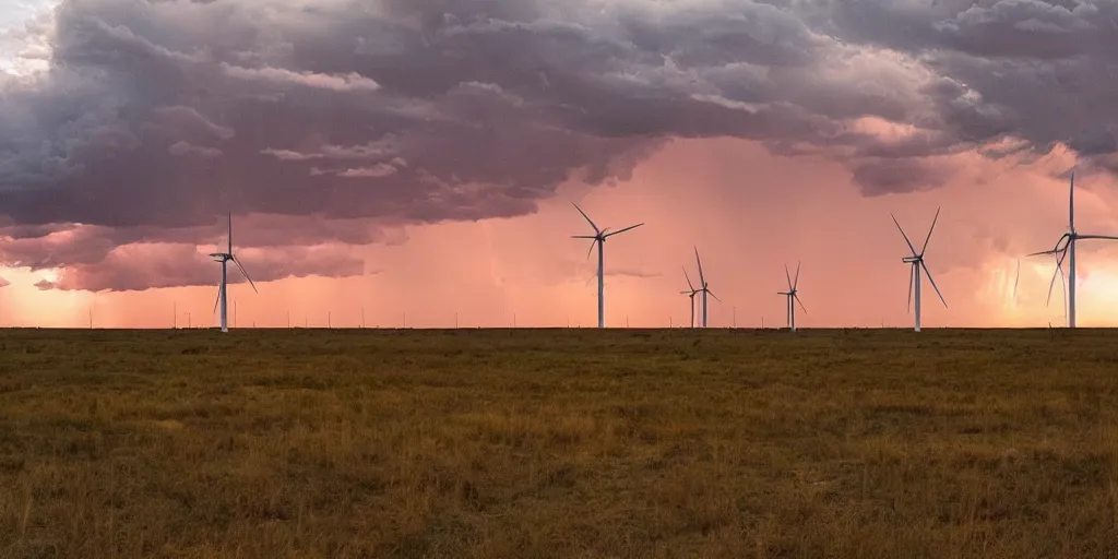 Image similar to photo of a stormy west texas sunset, perfect rustic ( ( wind turbine ) ), film photography, lightning, golden hour, high quality, beautiful!!!