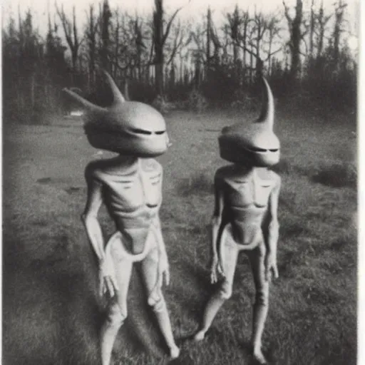 Image similar to polaroid photograph of horrorific alien beings visiting earth, 1 9 5 0