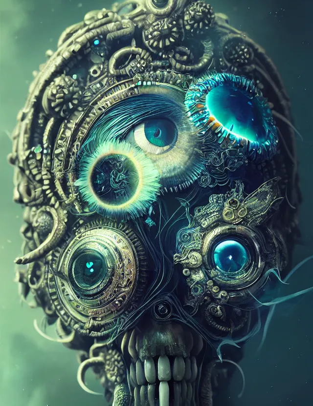 Prompt: eye of goddess macro close - up portrait with mask made of ram phoenix skull. betta fish, jellyfish, plasma, water, wind, creature, super intricate ornaments artwork by tooth wu and wlop and beeple and greg rutkowski