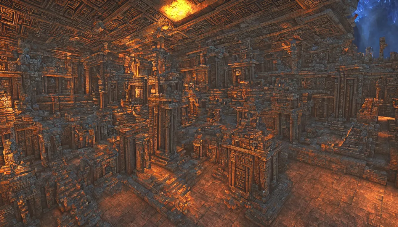 Image similar to ancient mayan temple halls , side-scrolling 2d platformer game level, glittering dust in the air illuminated by the dusk sun through the ceiling cracks, fantasy gigantic religious totem ruins with intricate mayan glyphs, volumetric light , detailed carved ornaments, rich color, upscale , 8k