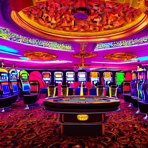 Prompt: Casino party, large and deep room, fruit machines chandeliers, a large carpet dresses the room, luminous projectors, reflections abstract vibes wealth money, trending on artstation