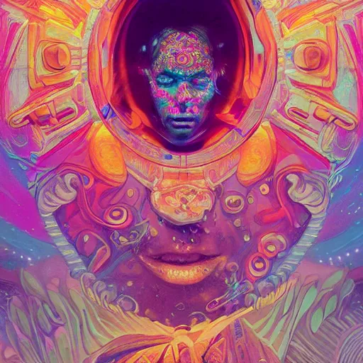 Image similar to An extremely psychedelic experience, colorful, surreal, dramatic lighting, cosmonaut, LSD, face, detailed, intricate, elegant, highly detailed, digital painting, artstation, concept art, smooth, sharp focus, illustration, art by Sam Spratt, Dan Mumford, Artem Demura and Alphonse Mucha