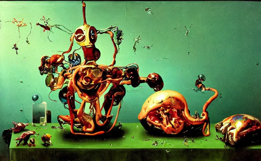 Image similar to strange robot body, disturbing colorful oil painting dutch golden age vanitas still life sparse composition with bizarre objects strange gooey transparent surfaces shiny metal reflections bizarre mutant meat insects rachel ruysch dali todd schorr very detailed perfect composition rule of thirds masterpiece canon 5 0 mm, cinematic lighting, photography, retro, film, kodachrome