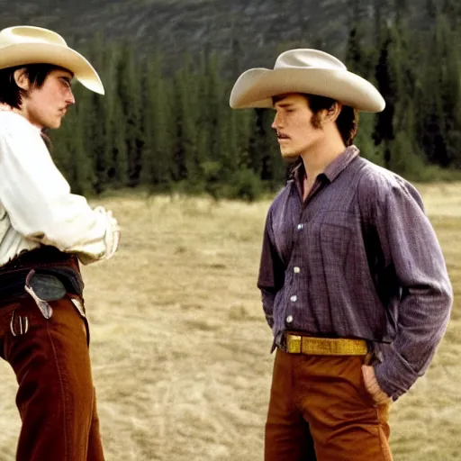 Image similar to a romantic scene from brokeback mountain starring josh hartnett as ennis del mar and heath ledger as jack twist