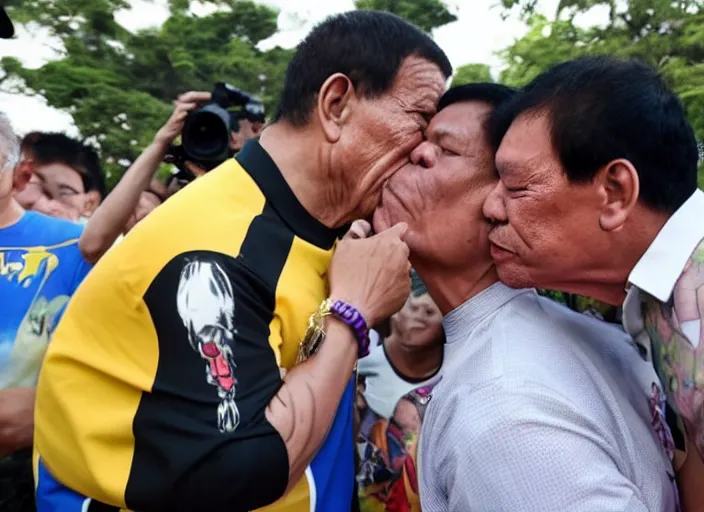 Prompt: rodrigo duterte and thanos kissing each other in luneta park, real life photograph, award winning photograph, 4 k