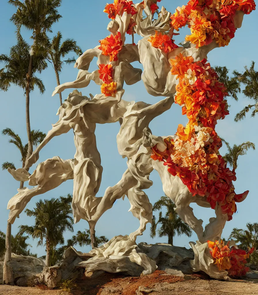 Image similar to a cowboy turning into blooms by slim aarons, by zhang kechun, by lynda benglis. tropical sea slugs, angular sharp tractor tires. complementary colors. warm soft volumetric dramatic light. national geographic. 8 k, rendered in octane, smooth gradients. sculpture by antonio canova. red accents.