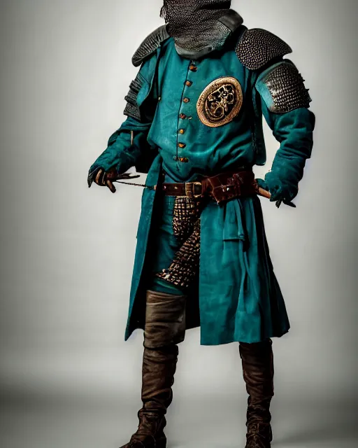 Prompt: an award - winning photo of an ancient male model wearing a plain baggy teal distressed medieval designer menswear swedish police jacket slightly inspired by medieval armour designed by alexander mcqueen, 4 k, studio lighting, wide angle lens