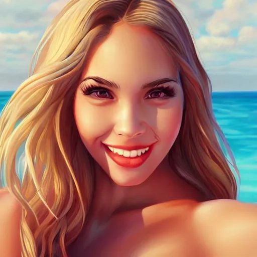 Image similar to very beautiful female swimsuit model, smiling, flirty, eye contact, perfect face, perfect body, drawn by artgerm