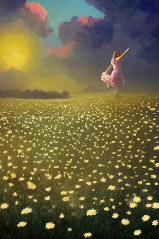 Image similar to veil of giant white daisy flower as head, girl dancing in a flower field, surreal photography, sunrise, dramatic light, impressionist painting, colorful clouds, digital painting, artstation, simon stalenhag