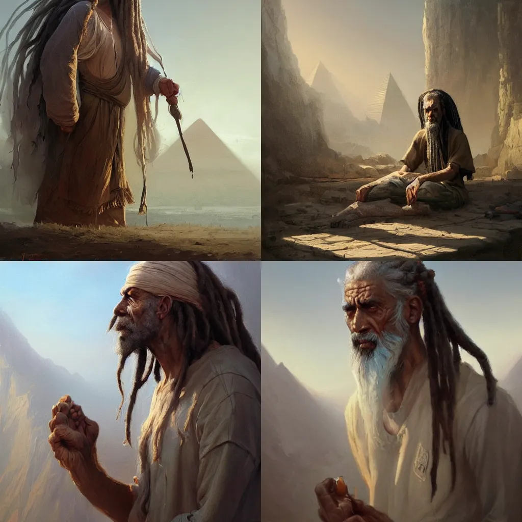 Prompt: masterpiece painting of a portrait of a long dreadlocks hair egyptian old man, White blind eyes wearing worn out brown clothes featured in artstation, concept art by Greg Rutkowski, WLOP, Dan Mumford, Christophe Vacher