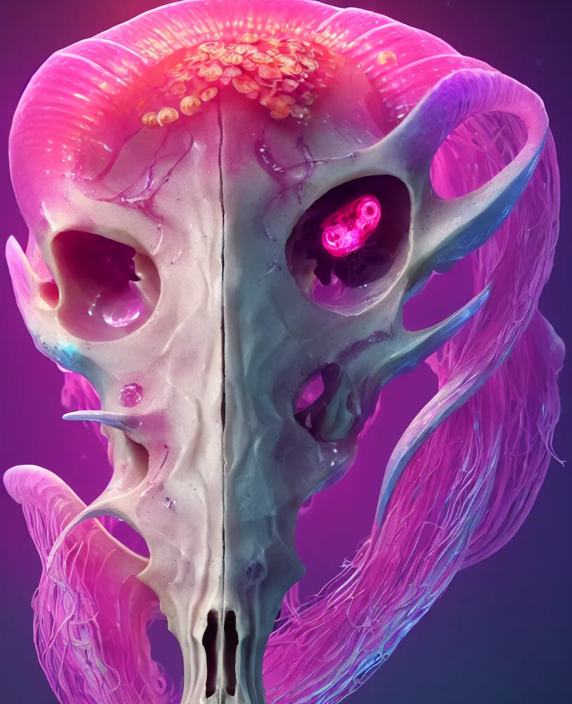 Image similar to goddess close-up portrait goat skull. jellyfish phoenix head, nautilus, orchid, skull, betta fish, bioluminiscent creatures, intricate artwork by Tooth Wu and wlop and beeple. octane render, trending on artstation, greg rutkowski very coherent symmetrical artwork. cinematic, hyper realism, high detail, octane render, 8k