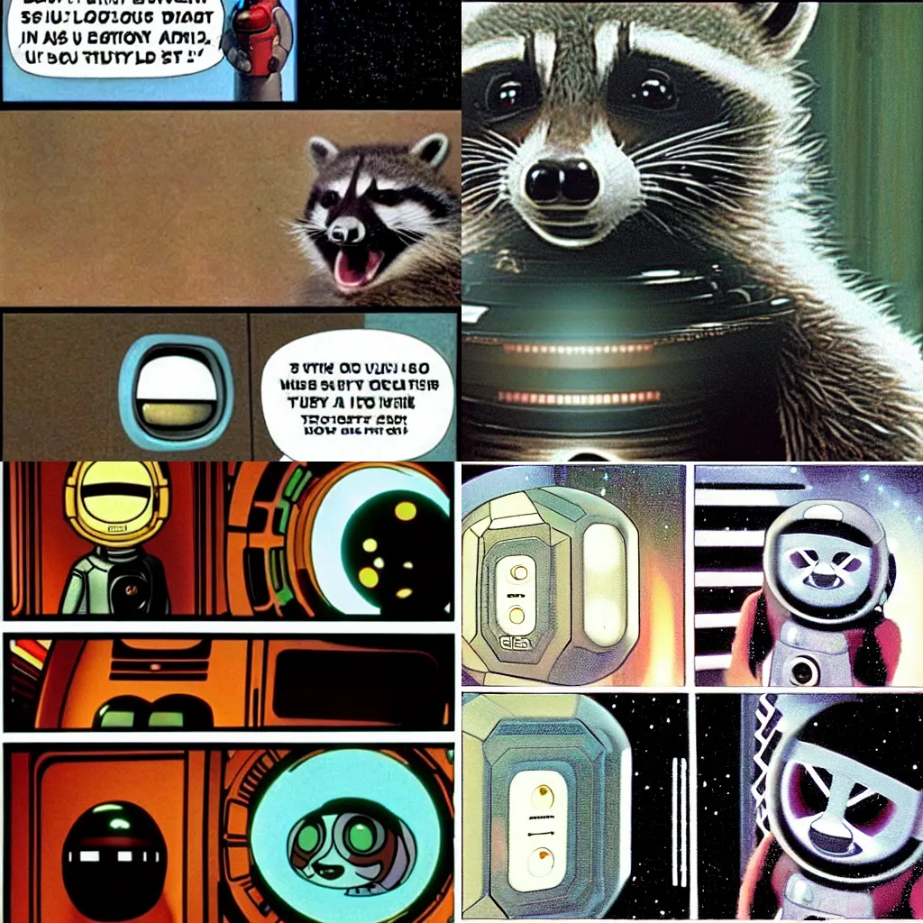 Prompt: raccoons talking to HAL 9000 in 2001 A Space Odyssey