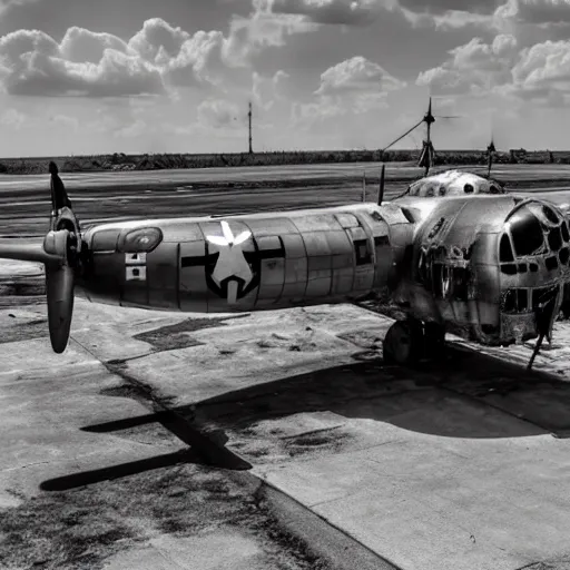 Image similar to A destroyed B-29 Superfortress at an airbase undergoing routine maintenance, wasteland, sun overhead, Second World War, hyper realistic, super detailed, 4k, HDR, sharp focus, shading, stunning visuals