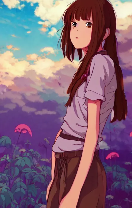 Image similar to a colorful scene of a girl with brown hair, anime, detailed background, female, trending on artstation, by studio ghibli, jazza