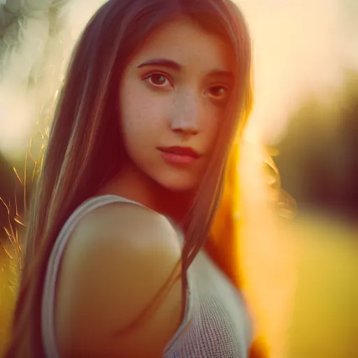 Image similar to beautiful hyperdetailed photograph of a cute young woman, golden hour, soft focus, medium shot, 8 k, portra 4 0 0