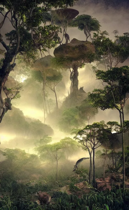 Prompt: surreal dali jungle landscape, volumetric lighting, early morning, 3d liminal grainy surreal aesthetic illustration, highly detailed, soft render