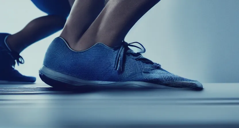 Prompt: close up on old running shoes running on a treadmill. cinematic lighting. moody. sci fi. realistic concept art illustration. blue grey tones.