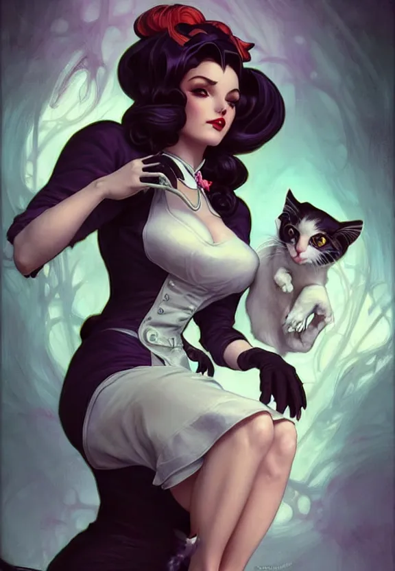 Image similar to Necromancer waitress of a small 50’s style diner holding a cat, fantasy magic, dark pin-up style hair, dark light night, intricate, elegant, sharp focus, illustration, highly detailed, digital painting, concept art, matte, art by WLOP and Artgerm and Greg Rutkowski and Alphonse Mucha, masterpiece