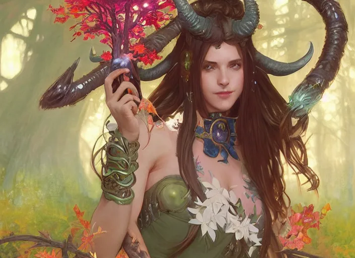 Image similar to innocent cute Tiefling Druid with long horns, colorful leaves on light leather armor, glowing tree staff, light-brown skin, highly detailed, digital painting, artstation, concept art, sharp focus, illustration, art by artgerm and greg rutkowski and alphonse mucha