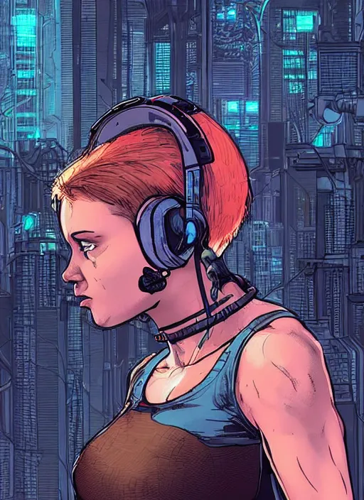 Prompt: Buff Maria. Female cyberpunk meathead wearing a cyberpunk headset. gorgeous face. Realistic Proportions. Concept art by James Gurney and Laurie Greasley. Moody Industrial skyline. ArtstationHQ. Creative character design for cyberpunk 2077.