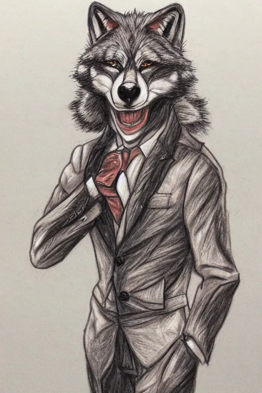 Image similar to master furry artist colored pencil drawing full body portrait character study of the anthro male anthropomorphic wolf fursona animal person detective new york city street