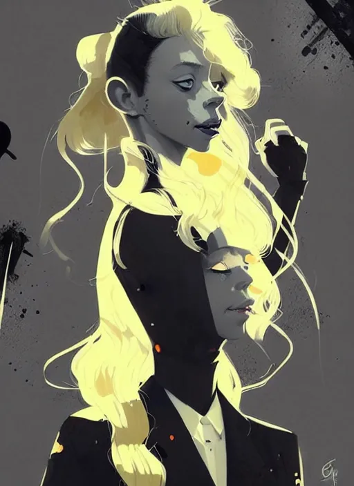 Image similar to highly detailed closeup portrait of beautiful portia doubleday, blonde wavy hair, angela moss, black suit by atey ghailan, by greg rutkowski, by greg tocchini, by james gilleard, by joe fenton, by kaethe butcher, gradient yellow, black and white color scheme, grunge aesthetic!!! ( ( graffiti tag wall background ) )