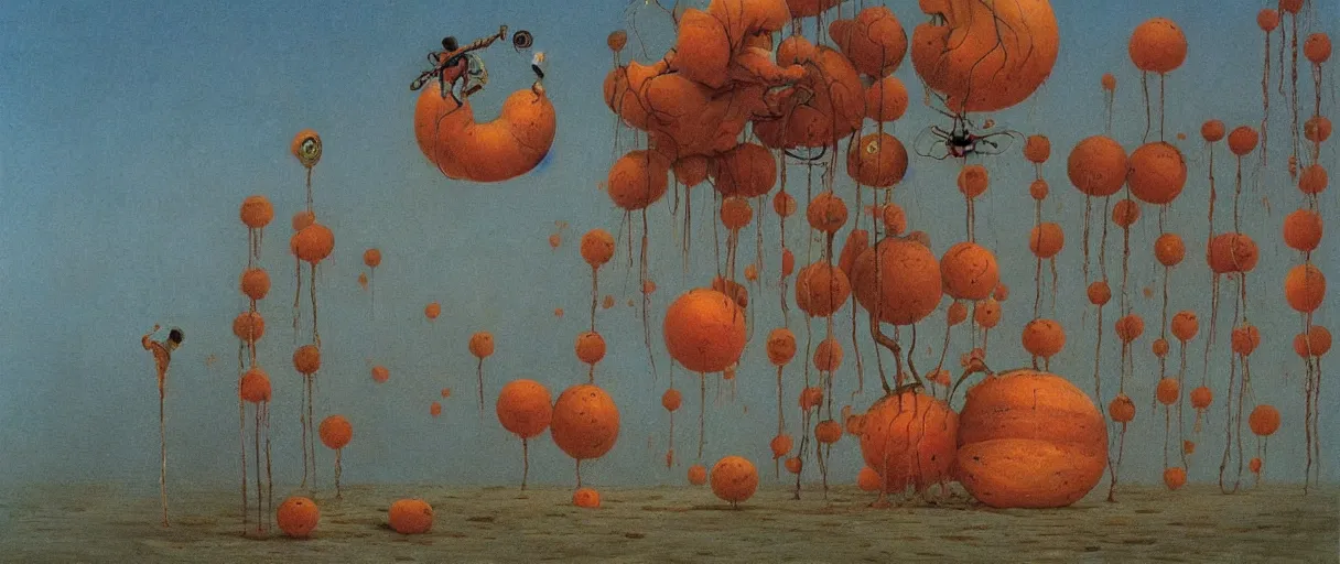 Image similar to still from james and the giant peach, painted by zdzislaw beksinski