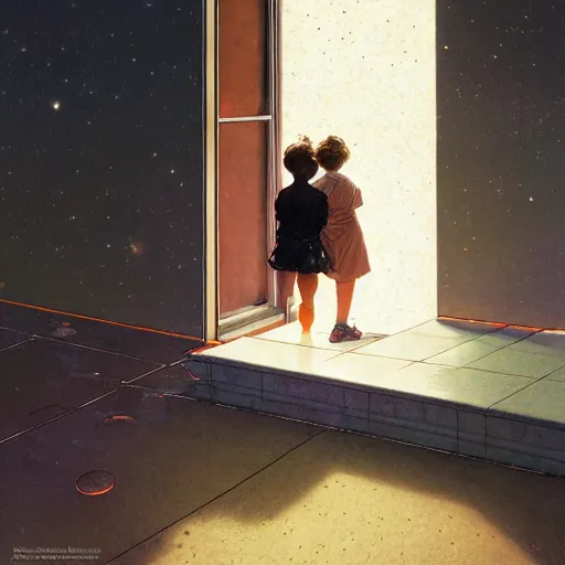 Image similar to a 1 2 year old boy and 1 0 year old girl looking at a wall and viewing the universe full of galaxies, part by norman rockwell, part by greg rutkowski, part by mattias adolfsson, high angle, ( ( ( ( volumetric lighting ) ) ) ), oil on canvas - 7 6 8