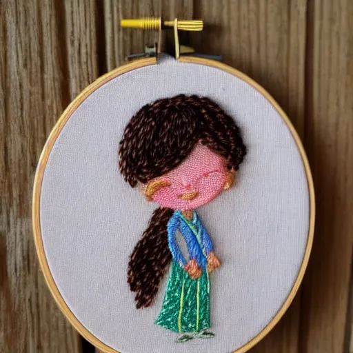 Image similar to a tiny beautiful handmade embroidery of a little girl with brown curly hair. hand embroidery.