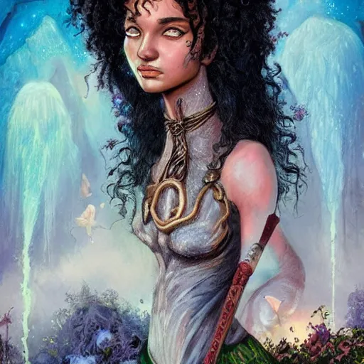 Image similar to happy 19th birthday, cover of a magnificent fantasy book by Neil Gaiman, portrait of a beautiful black hair girl, trending on artstation, highly detailed