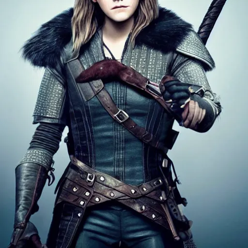 Image similar to Emma Watson cosplaying as Geralt from the Witcher. Studio lighting