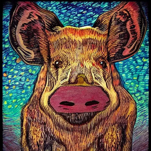 Prompt: art of symmetrical wild boar with mushrooms on face, in the style of moebius and studio ghibli and vincent van gogh