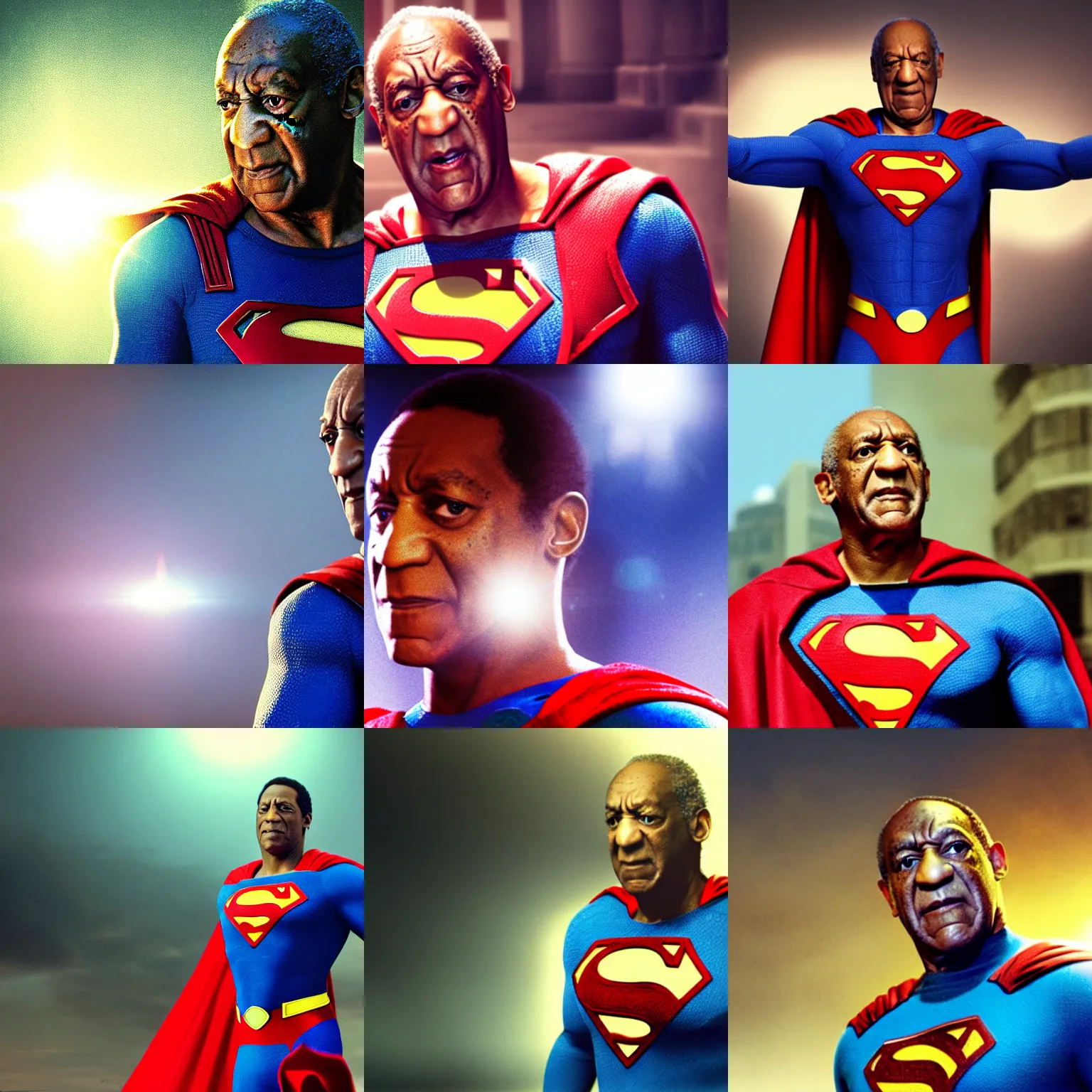 Prompt: Movie still of Bill Cosby as superman, splash art, cinematic lighting, dramatic, octane render, long lens, shallow depth of field, bokeh, anamorphic lens flare, 8k, hyper detailed, 35mm film grain