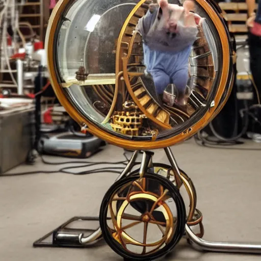 Image similar to a steampunk hamster engineer running inside a hamster wheel that looks like a cog connected to other cogs